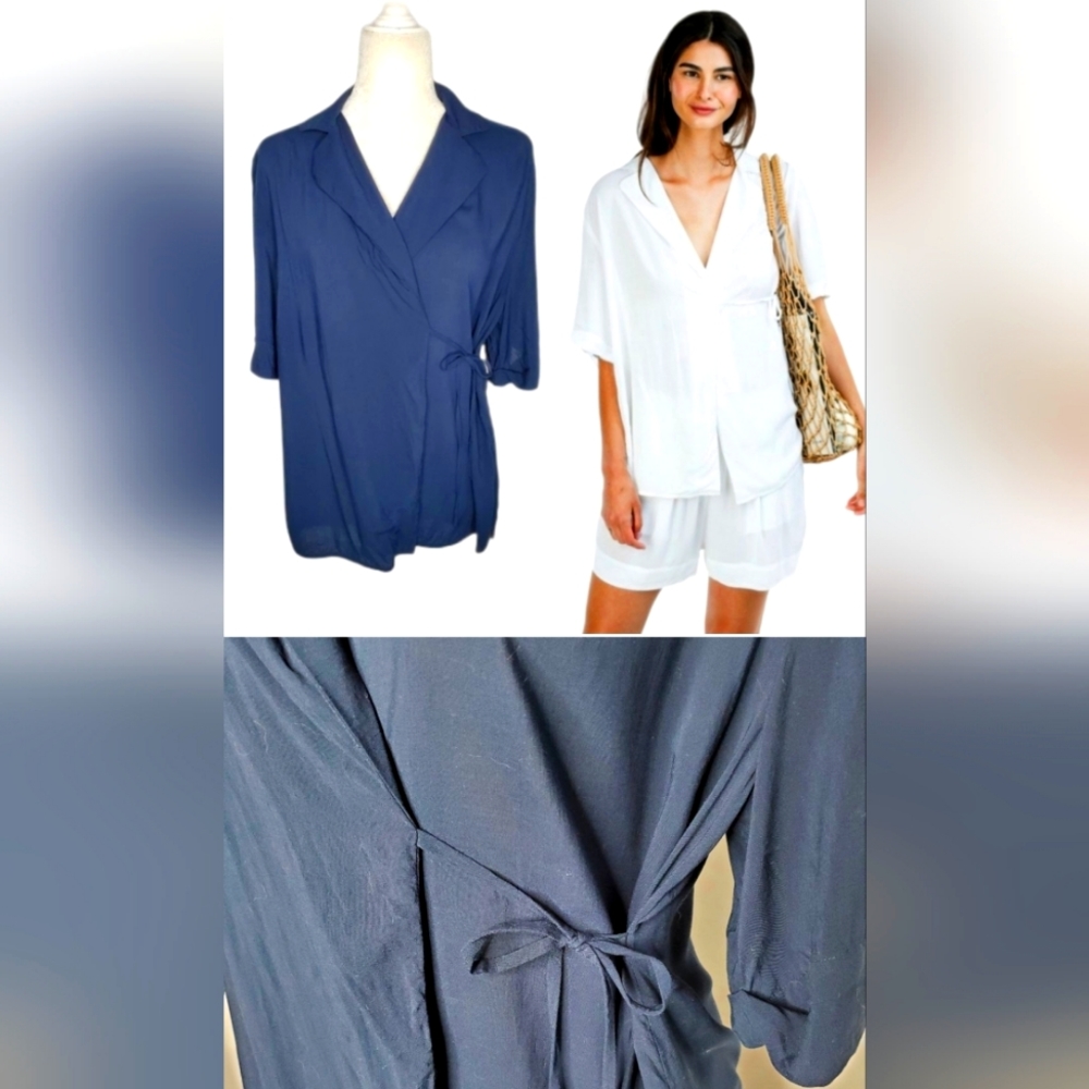 LMND Australia blouse Marala tie wrap blue short sleeve top M.